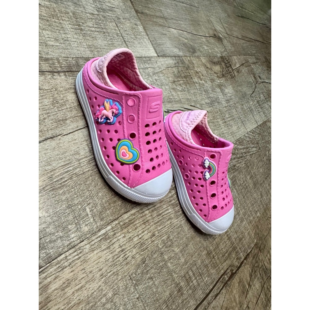 Skechers Foamies Kids Pink Unicorn Rainbow Heart Slip On Water Shoes Size 7